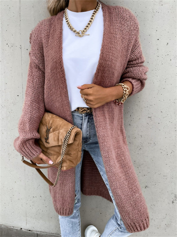 Ladies Thick Knit Cardigan with Open Front and Rolled Sleeves Lune London