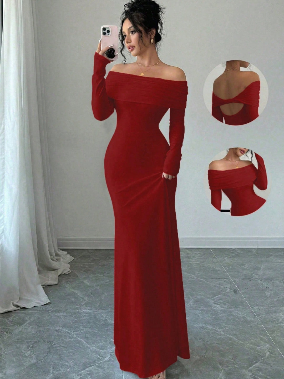 Elegant and fitted maxi dress with off-the-shoulder for women with long sleeves Lune London