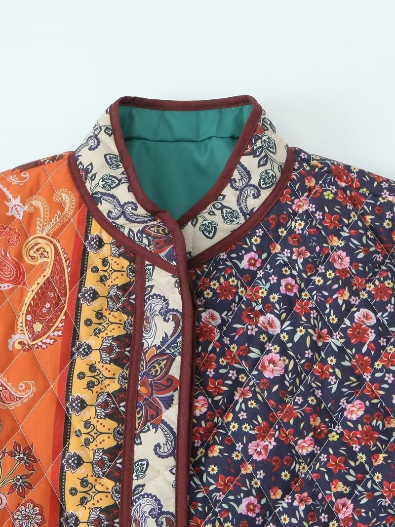 Quilted patchwork jacket for women with floral design and practical pockets Lune London