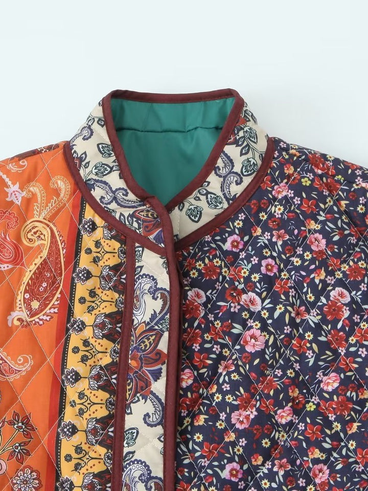 Quilted patchwork jacket for women with floral design and practical pockets Lune London