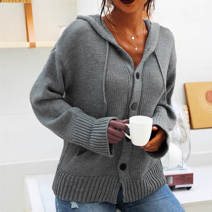 Women's knitted jacket with hood and buttons in a casual chic style