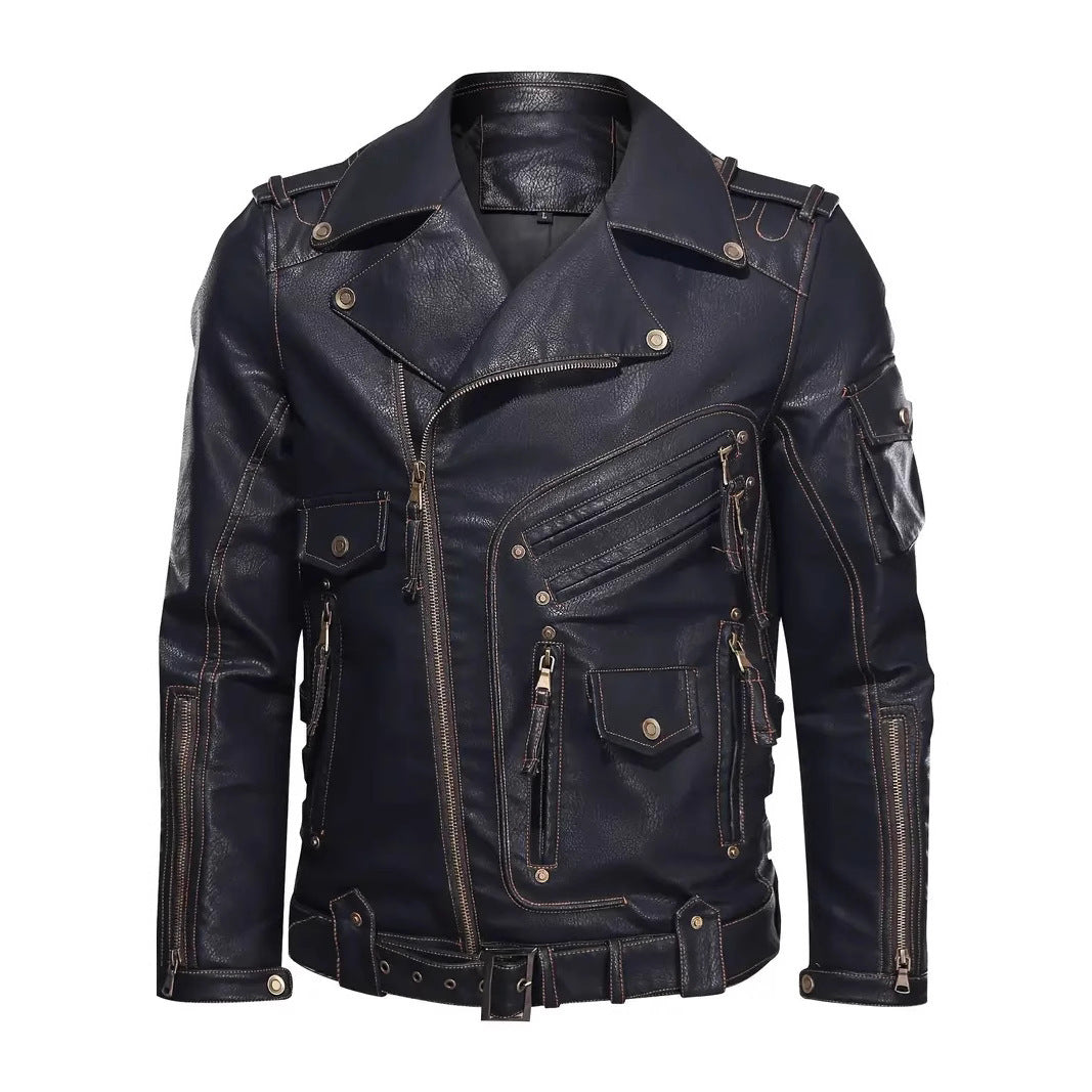 Stylish biker jacket for men with multiple zippered pockets and belt detail Lune London