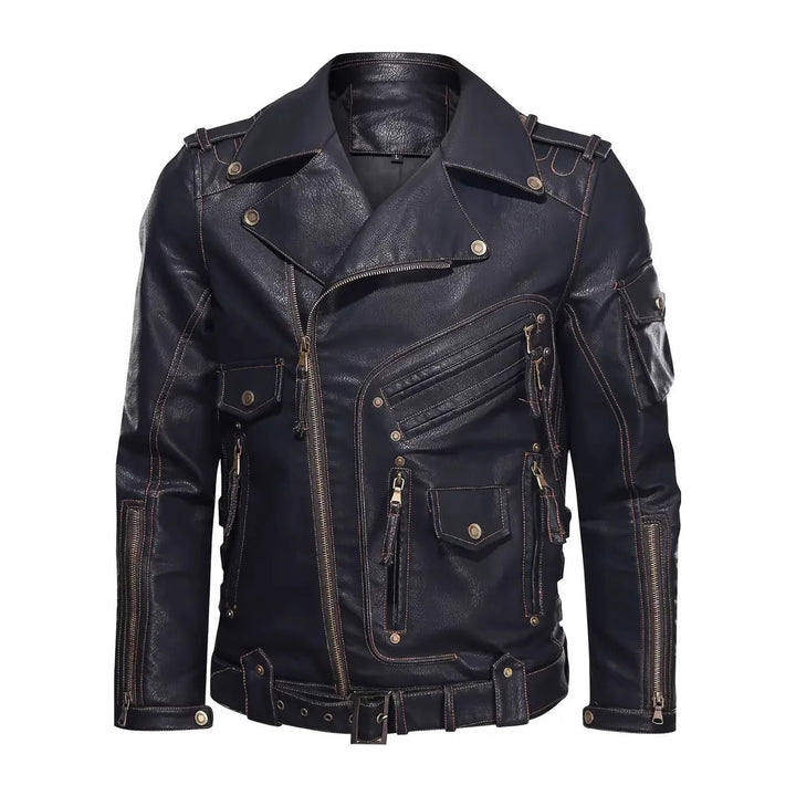 Stylish biker jacket for men with multiple zippered pockets and belt detail Lune London