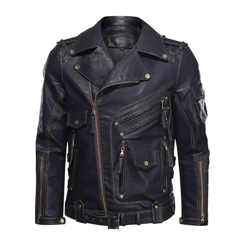 Stylish biker jacket for men with multiple zippered pockets and belt detail Lune London