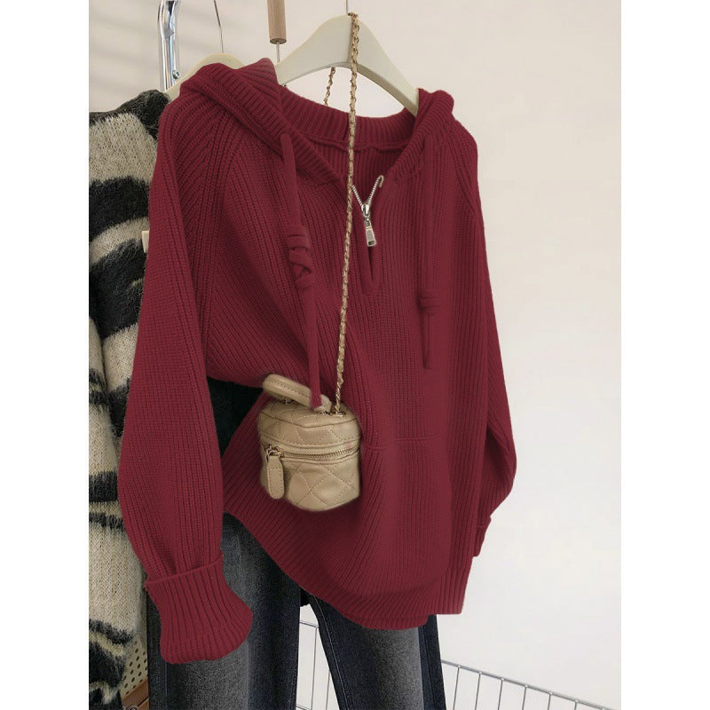 Ladies oversized knitted sweater with hood and practical zip pockets Lune London