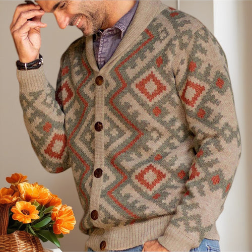 Men's knitted jacket with traditional geometric pattern and warm shawl collar Lune London