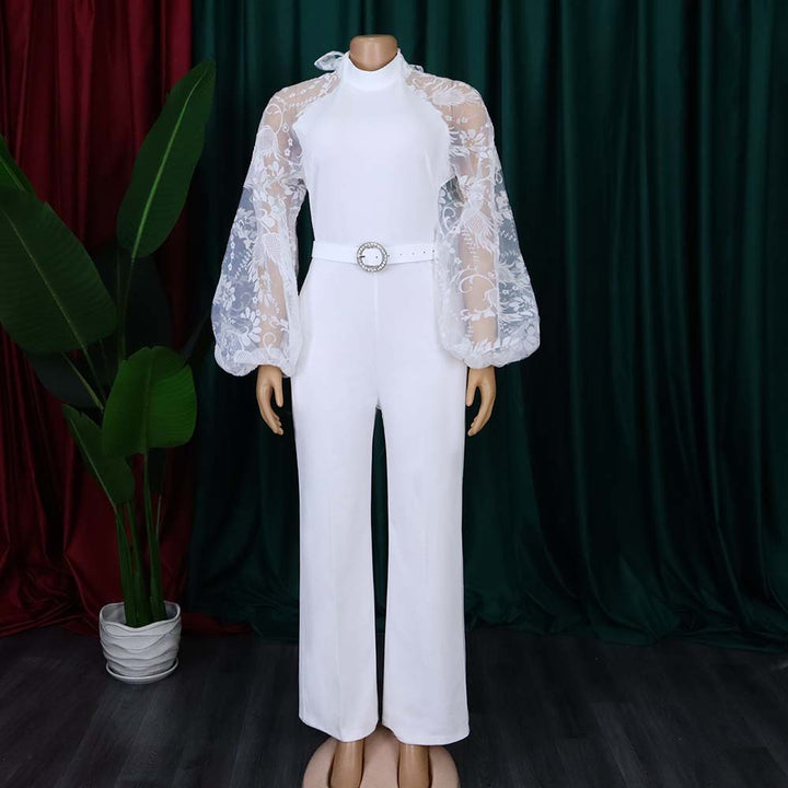 Ladies Elegant Jumpsuit with Sheer Sleeves and a Fitted Belt Lune London