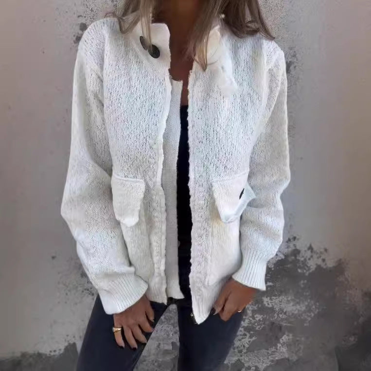 Women's soft cardigan with thermal insulating collar and patch pockets Lune London