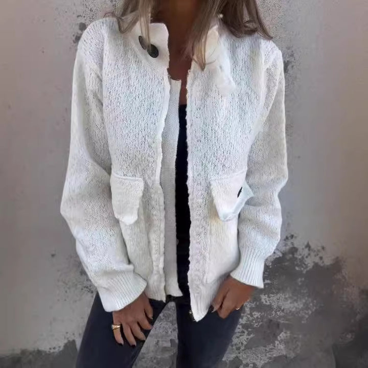 Women's soft cardigan with thermal insulating collar and patch pockets Lune London