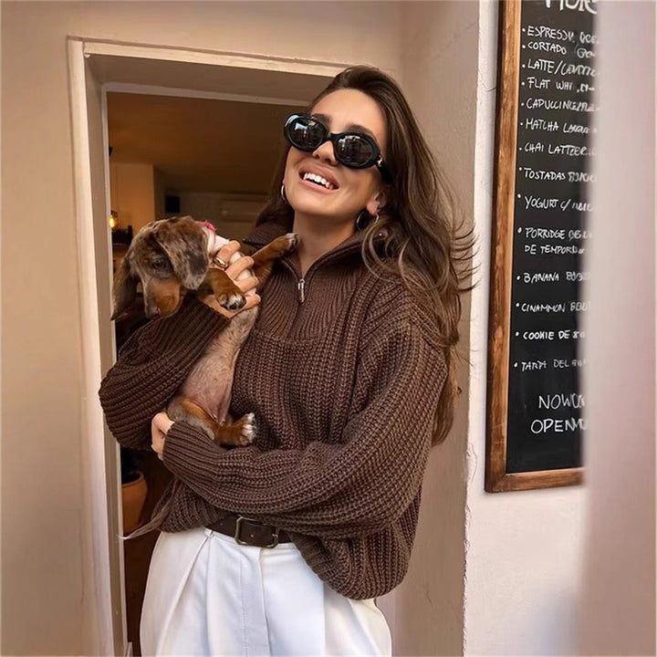 Women's thick knit sweater with high collar and zipper Lune London