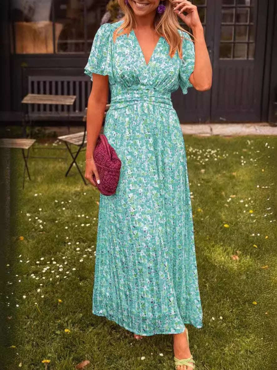 Maxi dress for women with floral gathers and V-neck Lune London