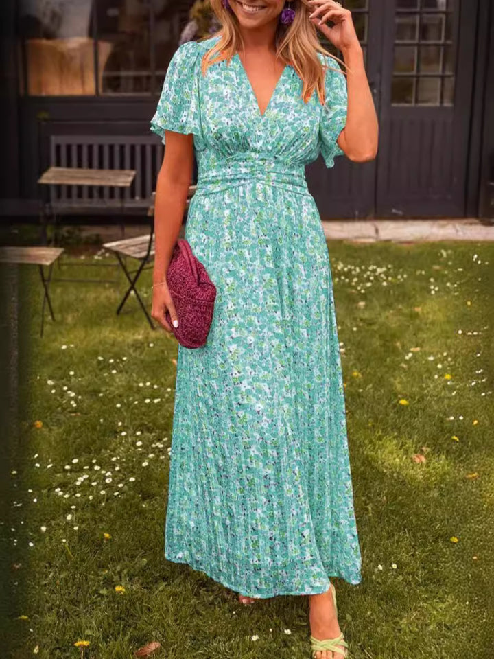 Maxi dress for women with floral gathers and V-neck Lune London