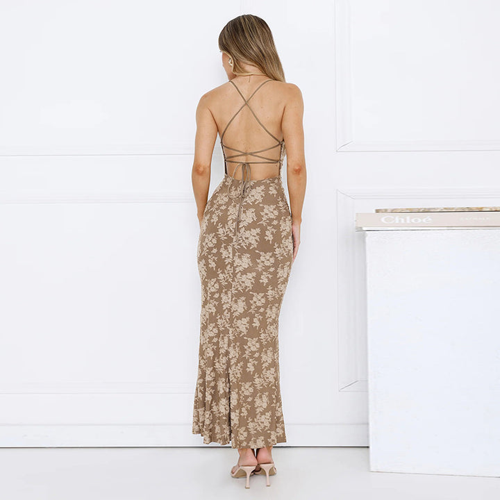 Women's figure-hugging maxi dress with floral pattern and deep V-neck