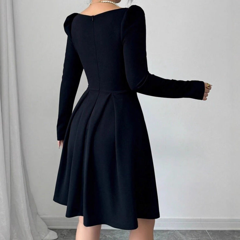 Ladies Elegant Mini Dress with narrow square neckline and fine ruffle trim Lune London