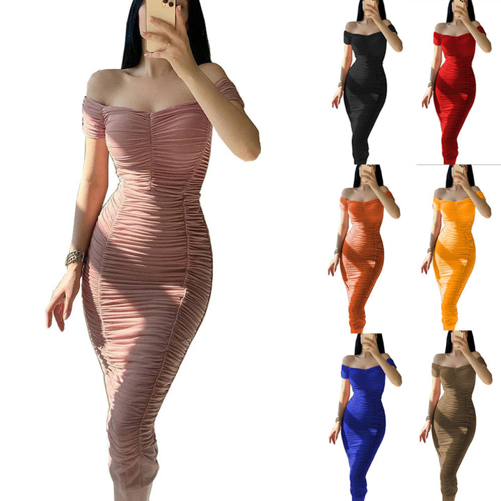 Mini fitted dress for women with Bardot neckline and ruching Lune London