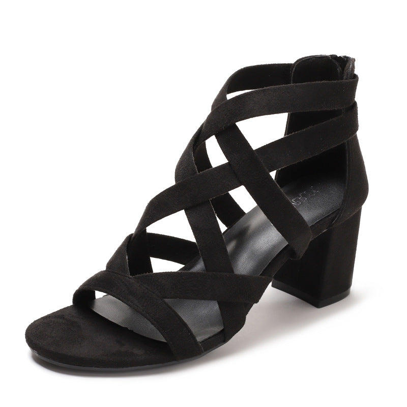 Women's sandals with stylish cross strap and comfortable block heel Lune London