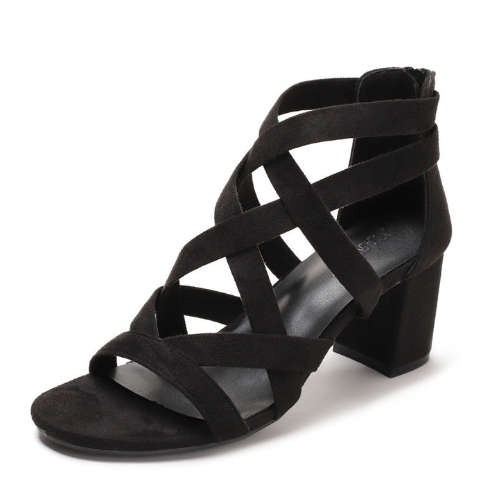 Women's sandals with stylish cross strap and comfortable block heel Lune London