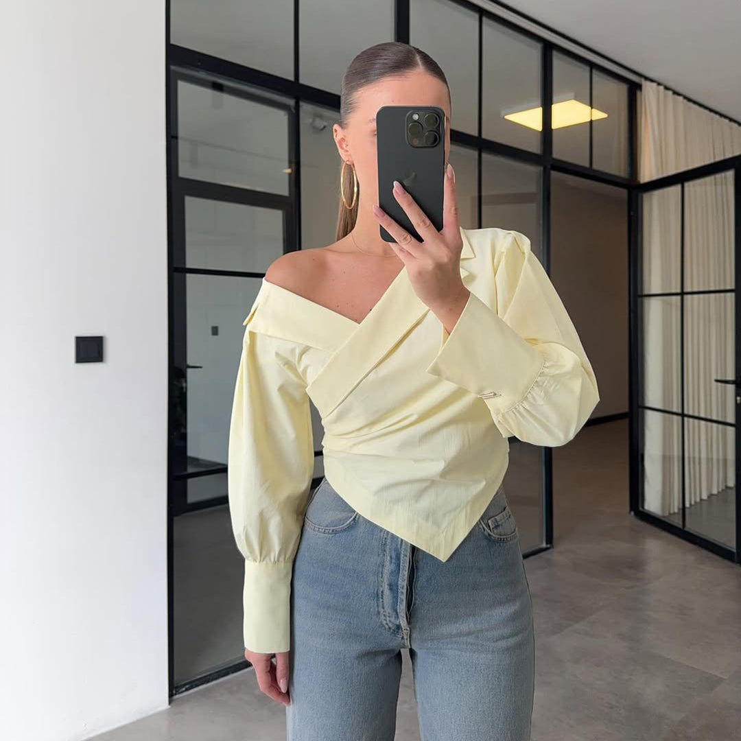Lune London Elegant wrap blouse for women with asymmetric cut and puff sleeves