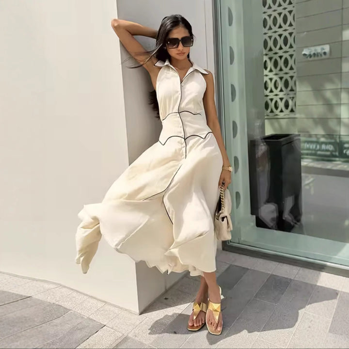 Maxi dress for women with elegant collar and pretty button design Lune London