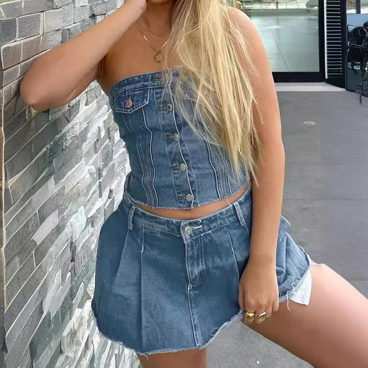 Women's Denim Crop Top with Knitted Overlay Lune London