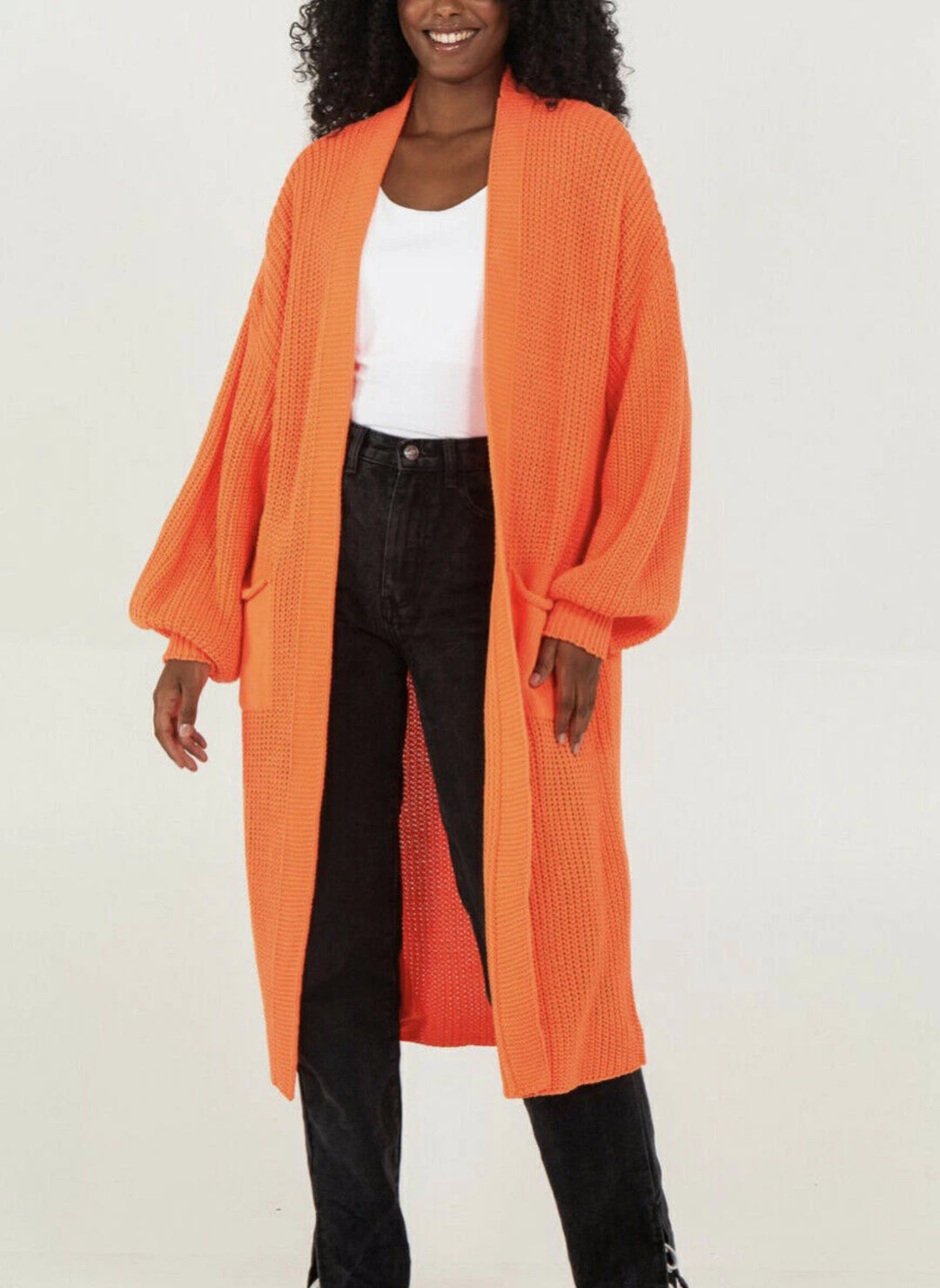 Ladies Long knitted cardigan with airy sleeves and an open front Lune London