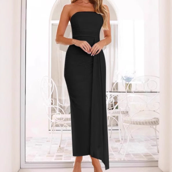 Ladies Elegant Maxi Dress with Straps and Refined Draping Details and a Side Slit Lune London
