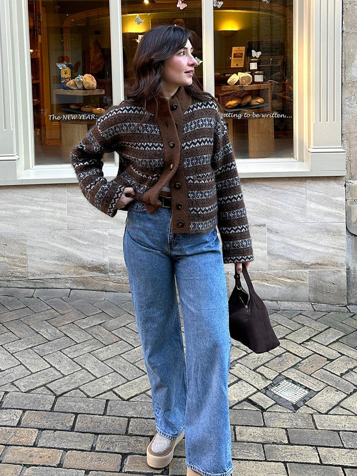 Ladies Jacquard cardigan with button placket and trendy pattern Lune London
