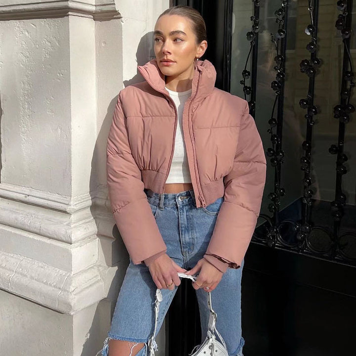 Ladies cropped down jacket with high collar and elastic waist Lune London