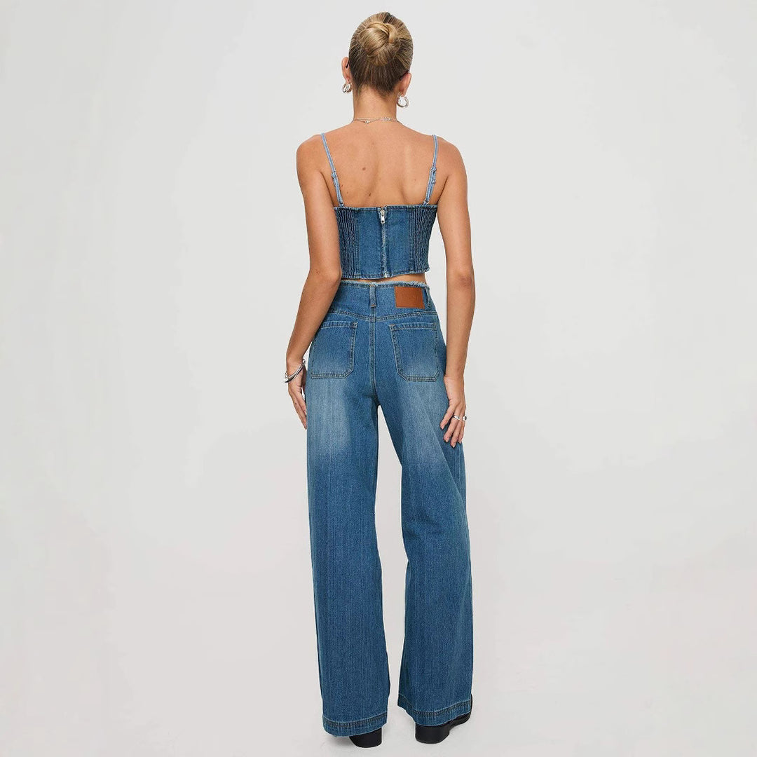 Women's wide denim jeans with high waistband and fringed hem Lune London