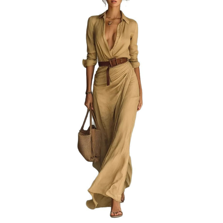 Robe maxi pour femme avec col de chemise classique et ceinture latérale Chic & Stil