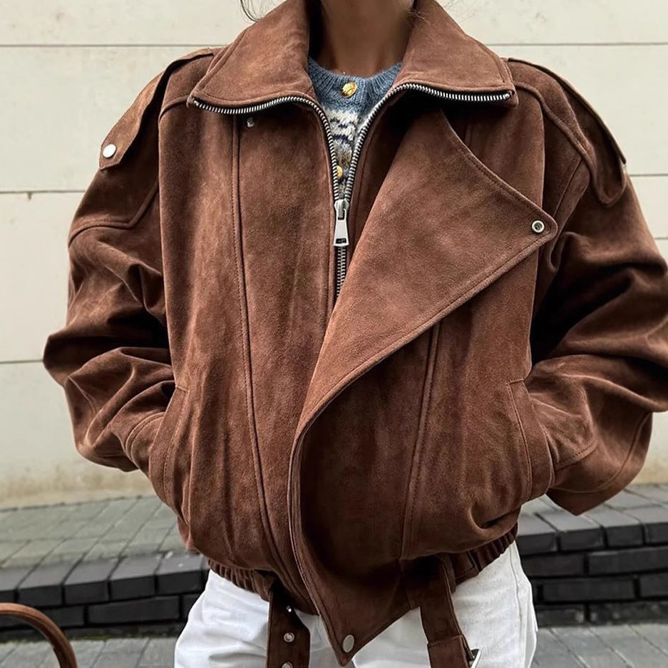 Oversized suede jacket for women with chic and stylish refinement details