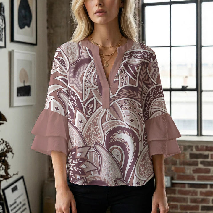 Women's blouse with voluminous ruffle sleeves and creative floral design Lune London