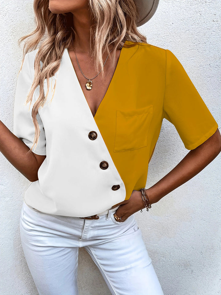 Designer blouse for women with asymmetrical cut and elegant button closure system Lune London