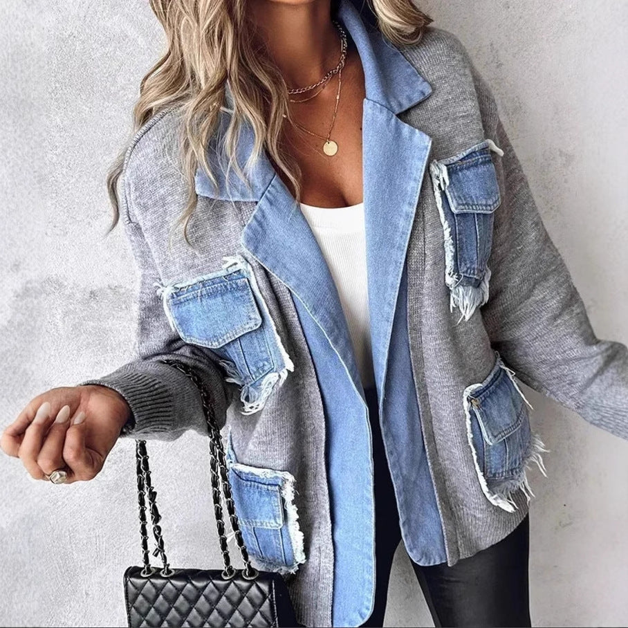 Dame cardigan de loisirs avec deux poches poitrine appliquées et un denim soigné Chic & Stil
