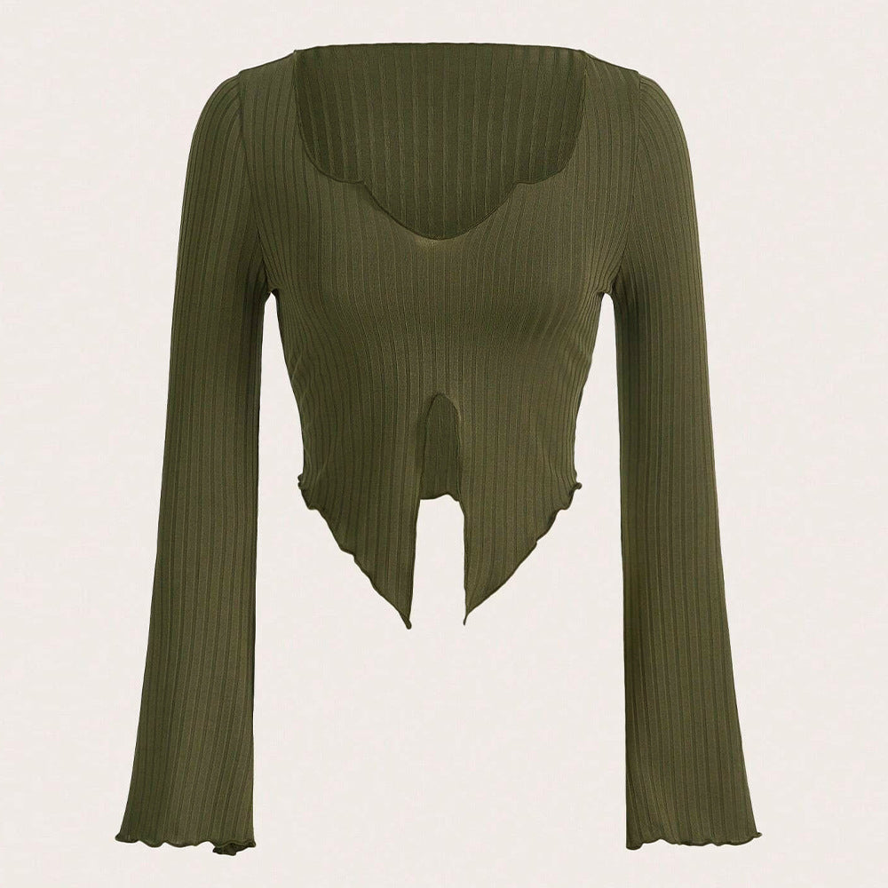 Long sleeve shirt for women, cropped, with asymmetrical hem and elegant ruffle details Chic & Stil