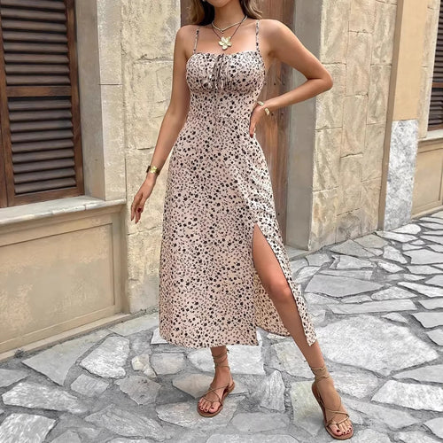 Women's summer maxi dress with adjustable spaghetti straps and side slit Lune London