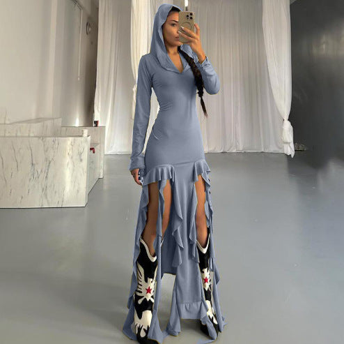 Maxi dress with long sleeves for women with hood and ruffle details Lune London