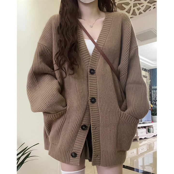 Ladies Large knitted cardigan with deep V-neck and practical pockets Lune London