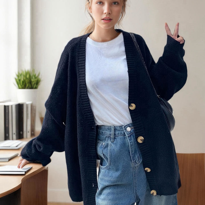 Ladies' oversized knit cardigan with deep V-neck and large buttons Lune London