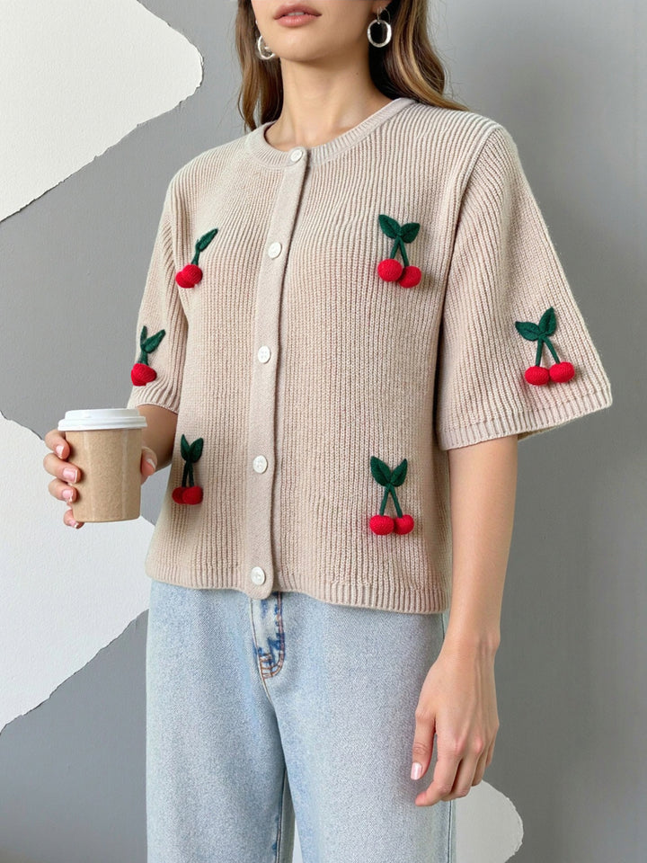 Women's knitted jacket with decorative cherry pattern and pockets Lune London