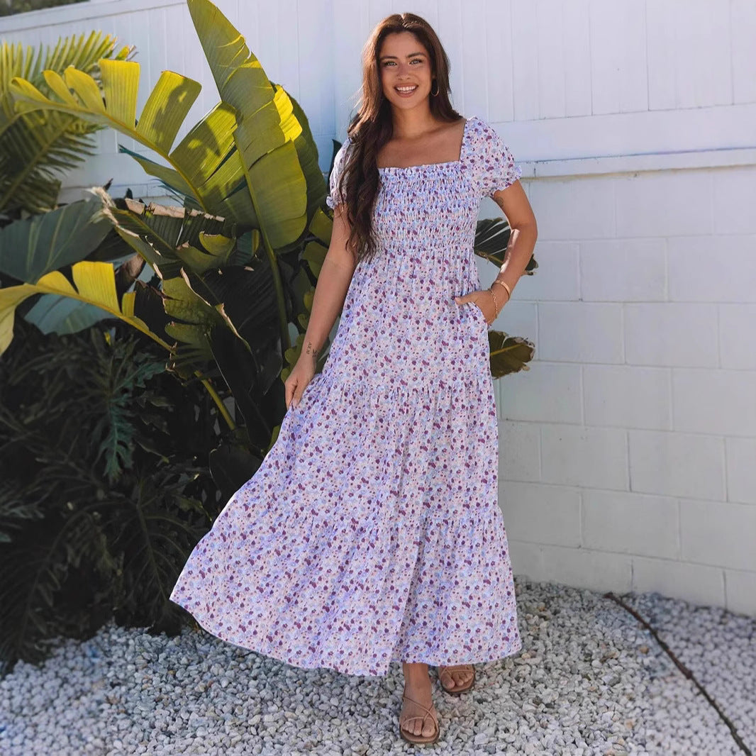 Maxi dress for women with nostalgic floral pattern and elastic top Lune London
