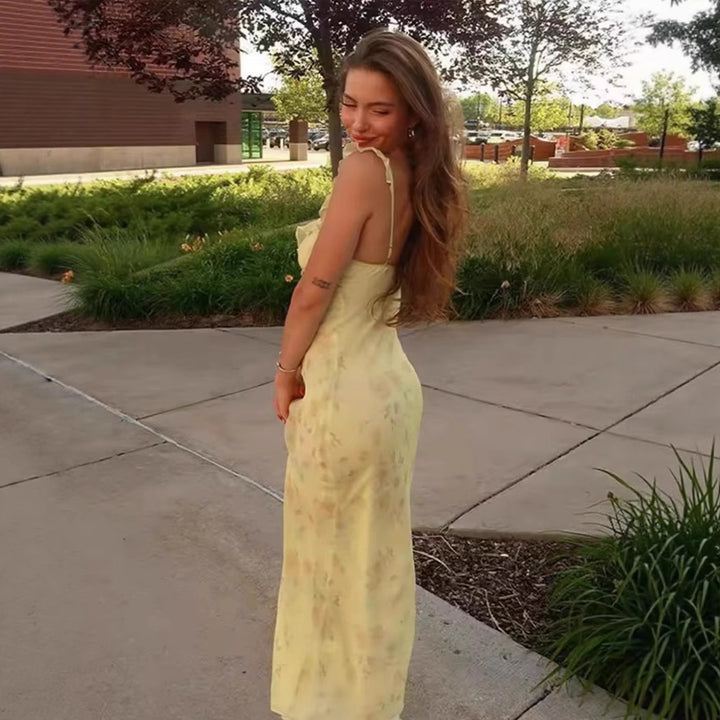 Maxi dress for women with floral lace embellishments and elegant V-neck Lune London
