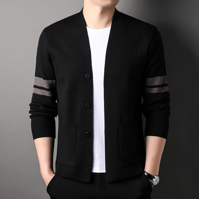 Trendy knit jacket for men with stylish contrasting stripes and practical pockets Lune London