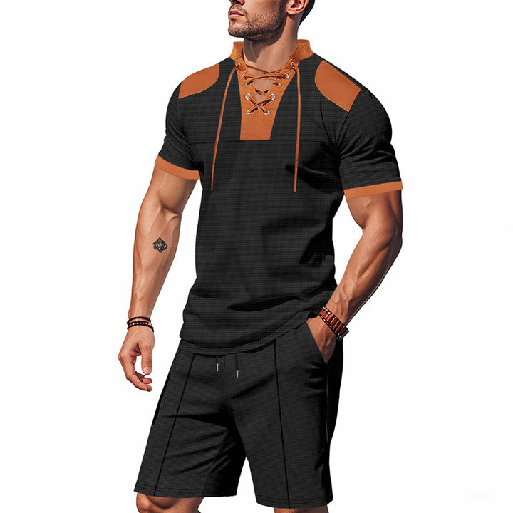 Men's polo shirt with a unique lacing design and matching shorts Lune London