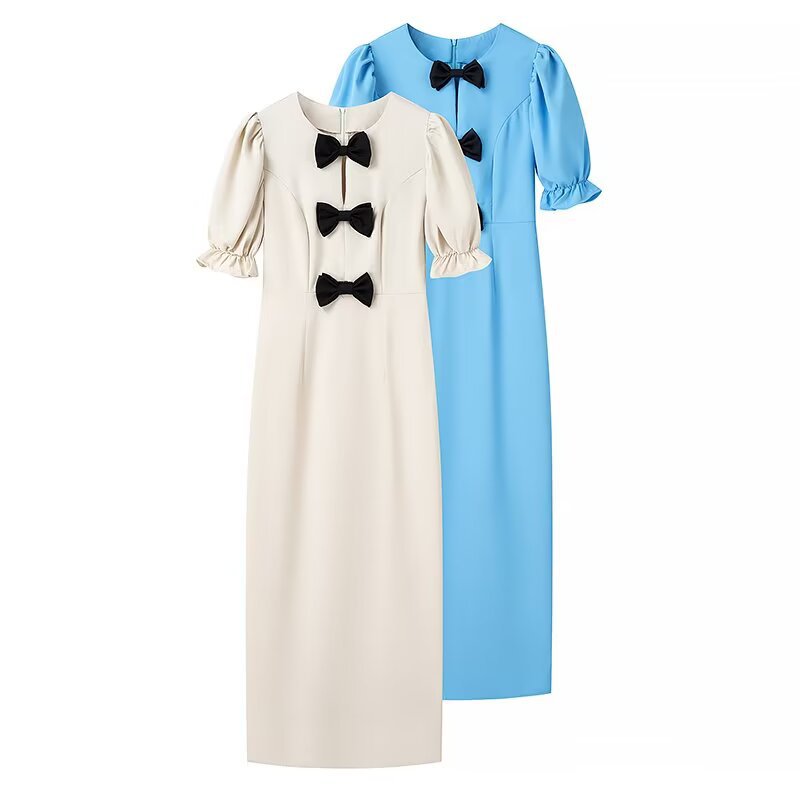 Ladies Elegant Maxi Dress with Unique Bow Detail and Puff Sleeve Design Lune London