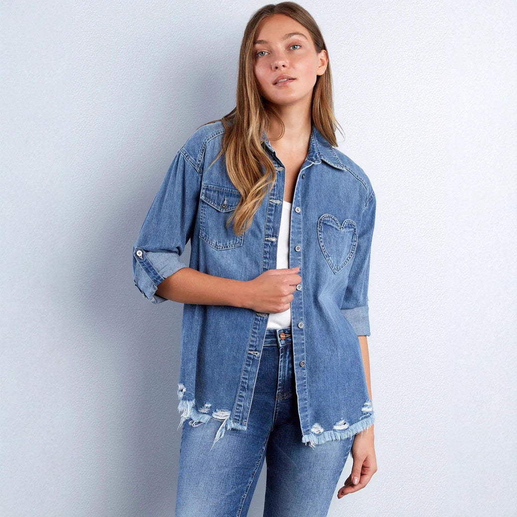 Women's denim blouse with heart appliqué and fringed hem Lune London