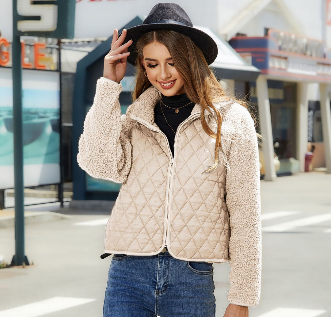 Women Quilted Cozy Jacket with Soft Collar and Contrasting Sleeves Lune London