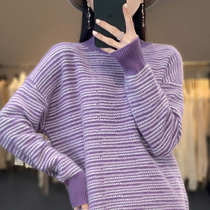 Pull en tricot pour femmes avec un motif à rayures moderne et des trous pour les pouces confortables Lune London