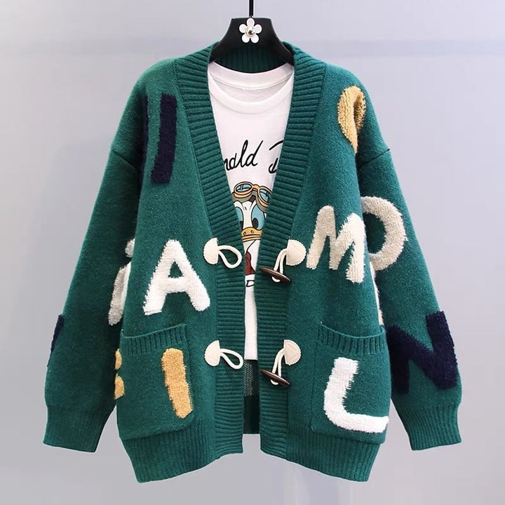 Thick knit cardigan for women with creative applications and large pockets Lune London