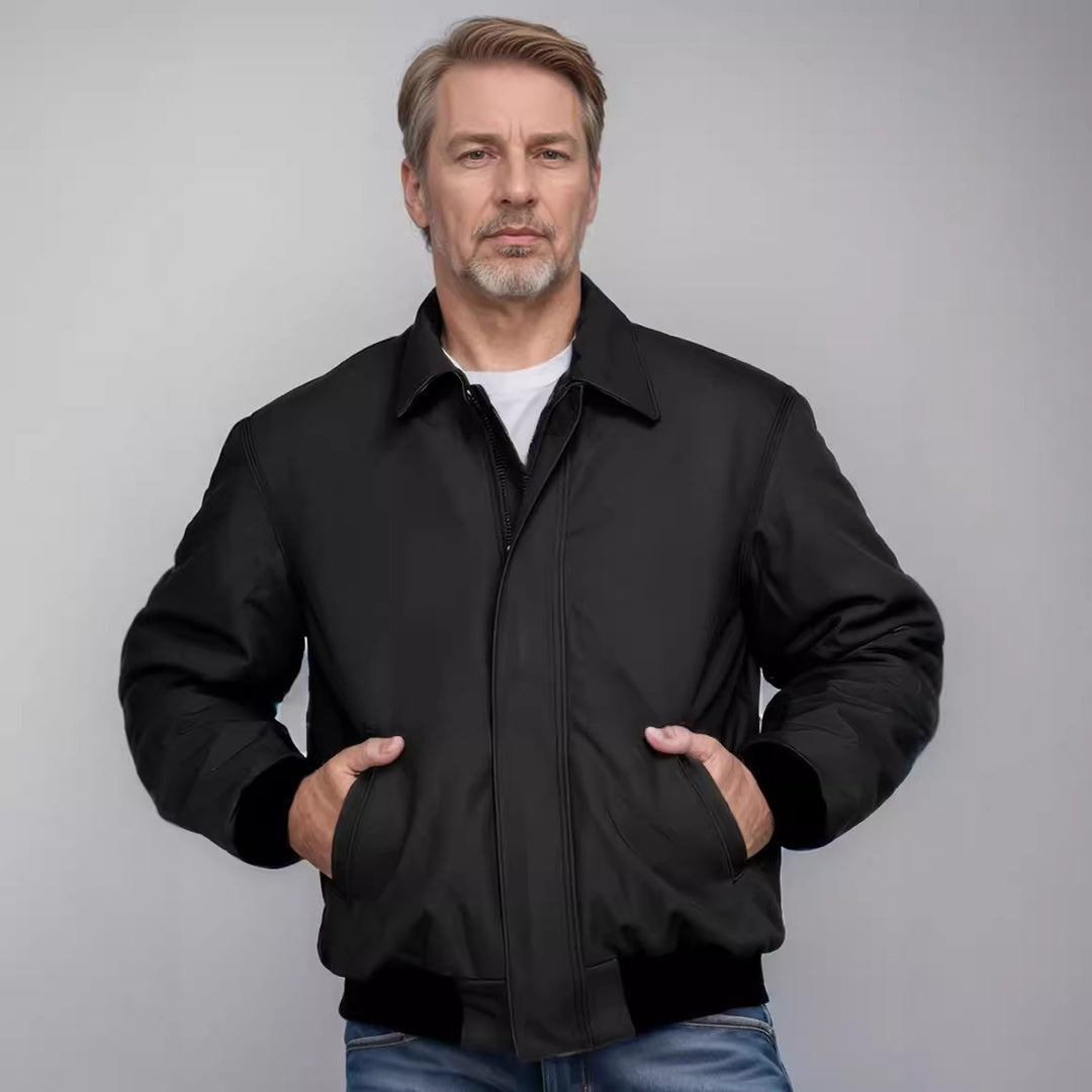 Insulated transitional jacket for men with high collar and practical pockets Lune London